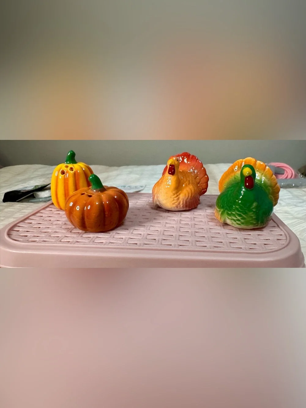 Ceramic Thanksgiving Turkey Salt and Pepper Shakers with Mini Pumpkin
